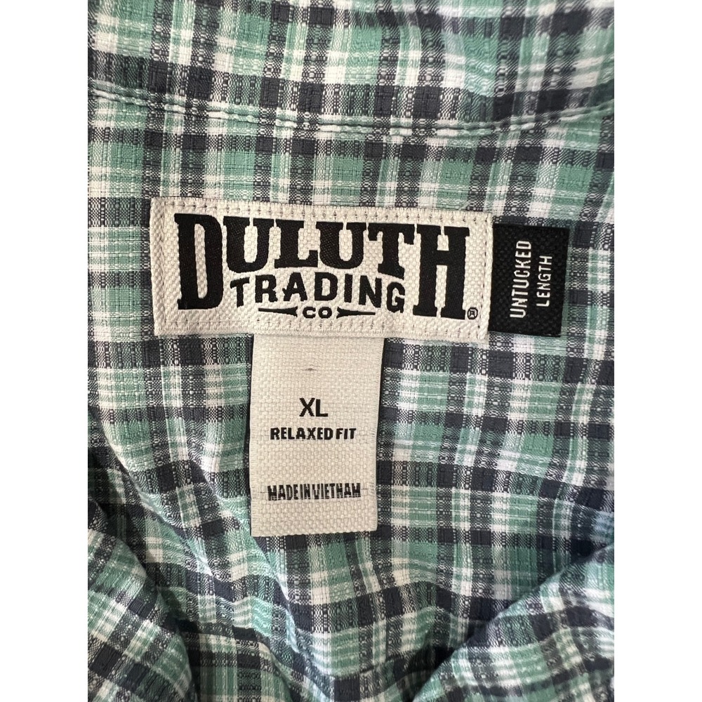 Duluth Trading Co Mens XL Relaxed Fit Untucked Plaid Short Sleeve Shirt Green - Picture 4 of 8